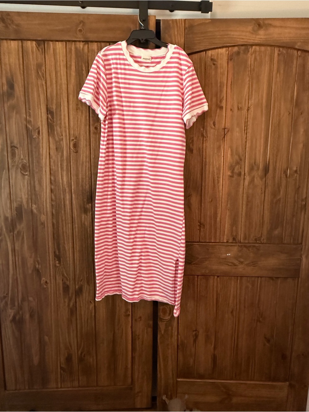 Polagram pink and white striped midi dress with scallop hem detailing